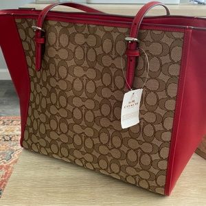 NWT COACH TURNLOCK RED & TAN TOTE!